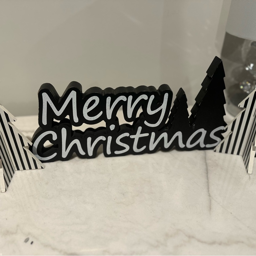 Festive Black and White Merry Christmas Sign and 2 black and white trees